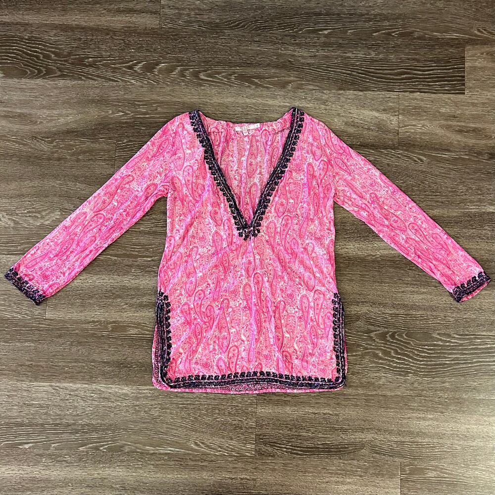 Calypso‎ St. Barth Pink Yavia Embellished Paisley Tunic Top Size Small Boho Chic